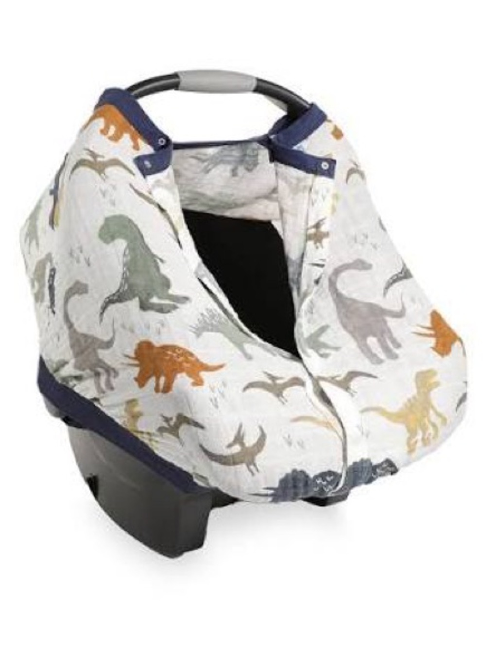Baby Car Seat Cover with Dinosaur Print in White and Navy Trim